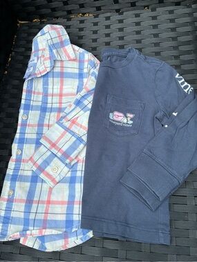 Size 2T Vineyard Vines Long Sleeve & Carter’s Light Blue/Coral Plaid Button Up